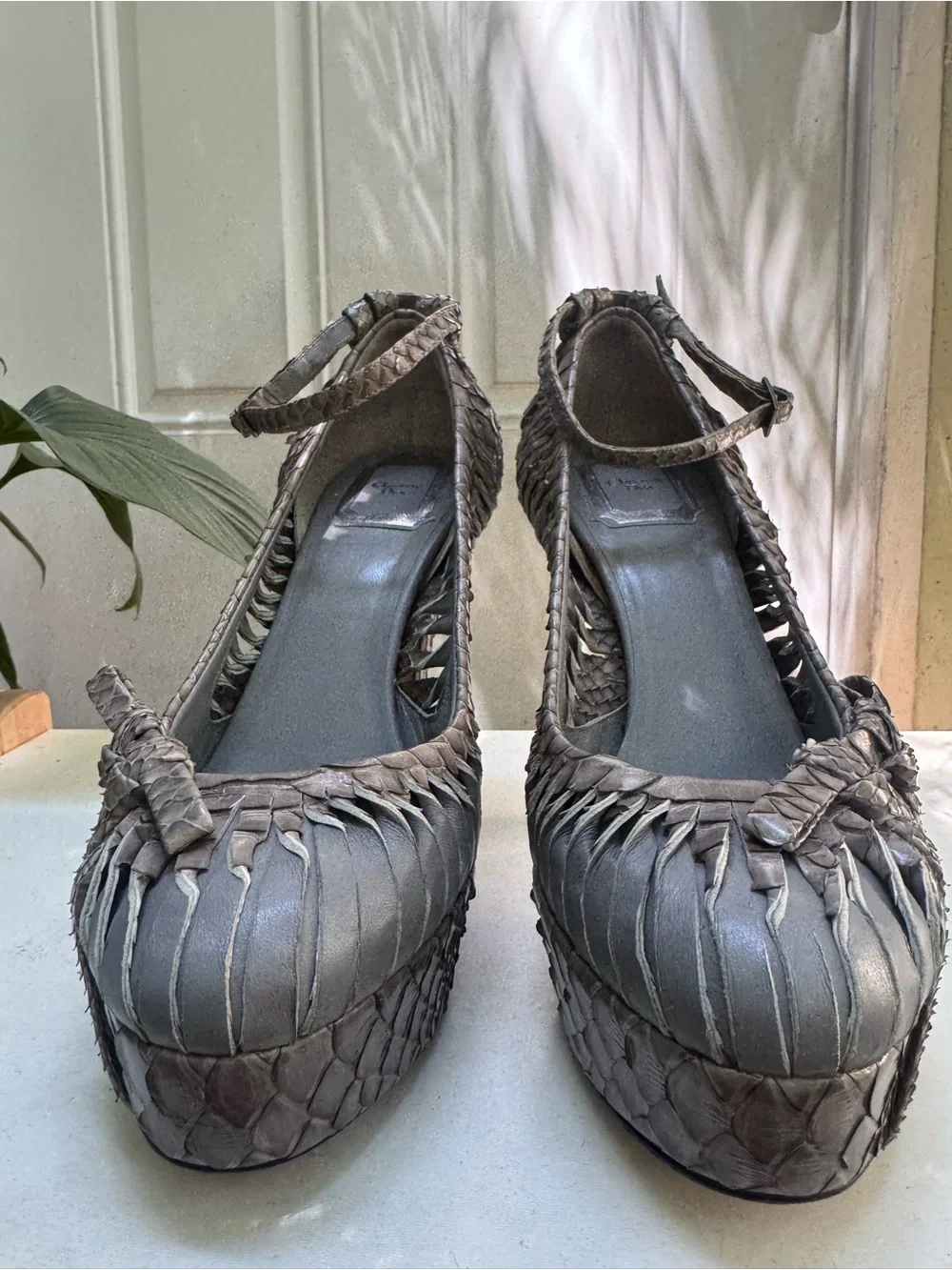 Dior Gray Woven Leather Platform Pumps with Ankle Strap